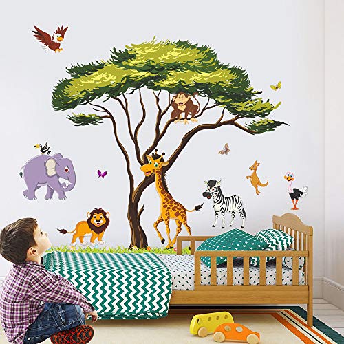 Rw-1074 Cartoon Jungle Animal Wall Decals 3D Large Green Tree Wall Stickers Diy Removable Giraffe Lion Elephant Grass Wall Art Decor For Kids Baby Bedroom Living Room Nursery Playroom Home Decoration #TOP6