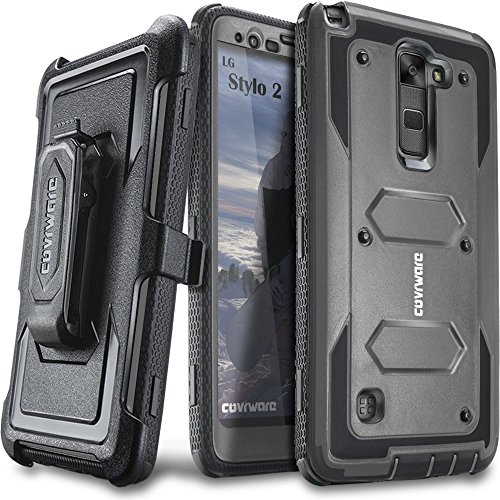 COVRWARE Aegis Series case for LG Stylo 2 (2016) / Stylo 2 Plus/Stylo 2 V with Built-in Screen Protector Heavy Duty Full-Body Rugged Holster Armor Cover Belt Swivel Clip Kickstand, Gray