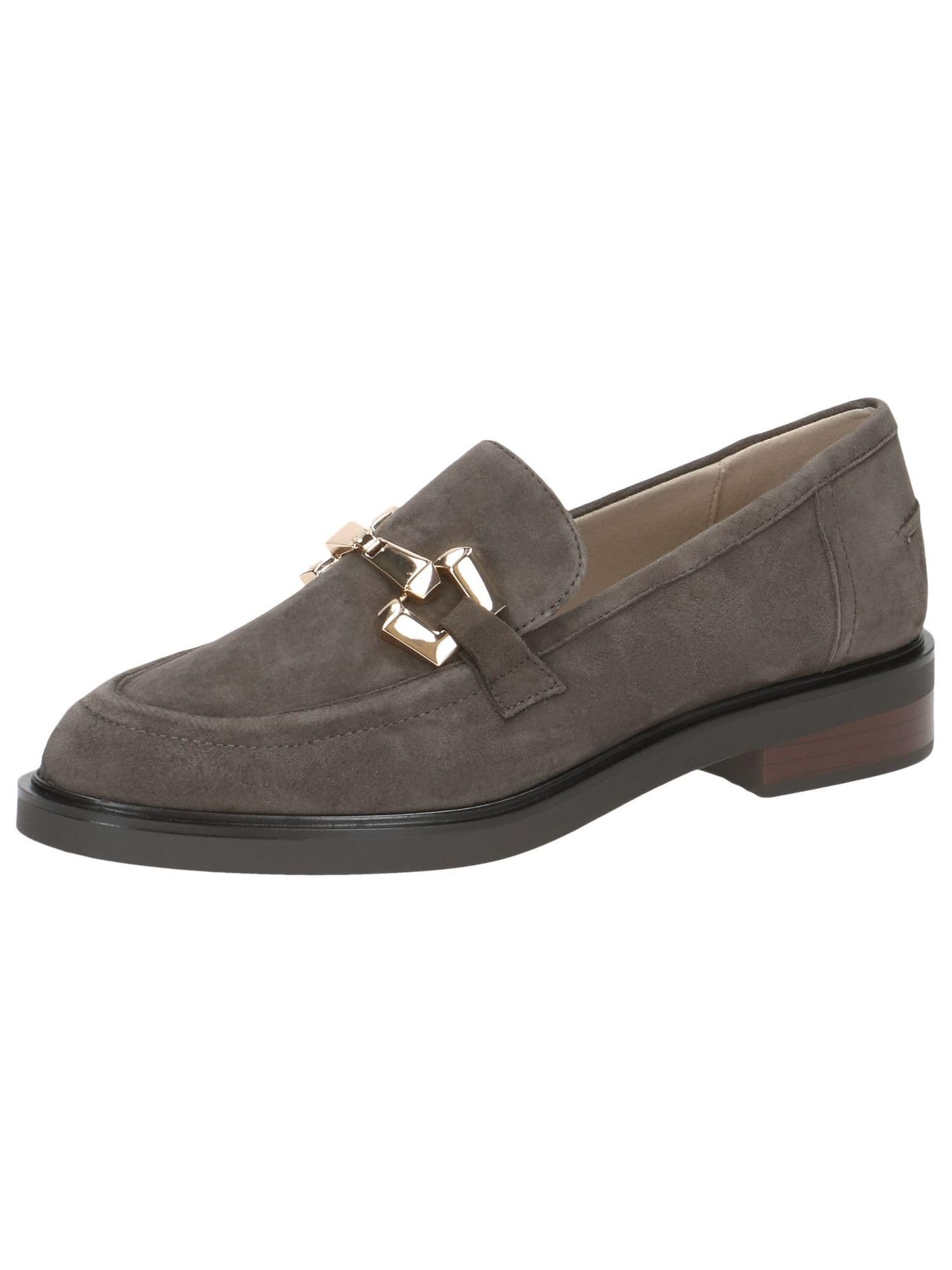 CAPRICE women's leather loafers with block heel, Black (Grey Suede), 5.5 UK