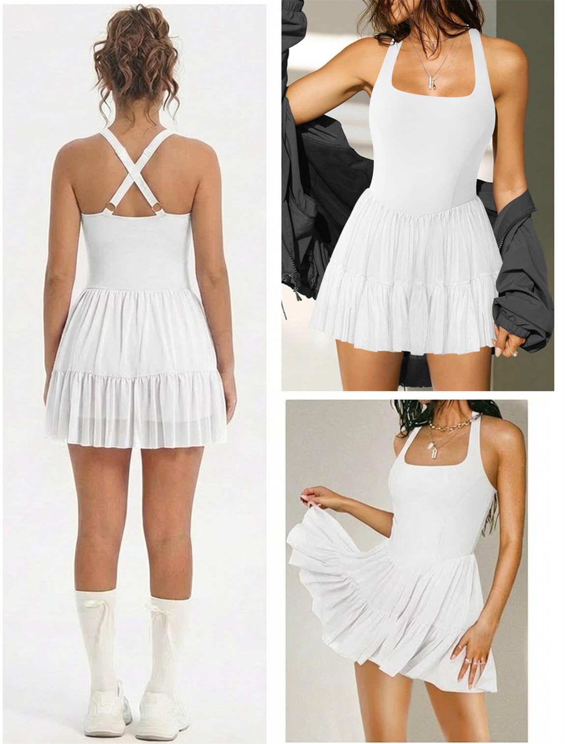 Jinsha Robe Tennis Femme Tulle Transparent Soutien Gorge Intégré et Short avec Poches - Golf Volleyball Cheerleading Sport Noir Blanc Sexy Casual Robe Femme Chic ete Jupe Robes Sport Short Dress