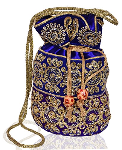 Purpledip Potli Bag (Clutch, Drawstring Purse) For Women With Intricate Gold Thread & Sequin Embroidery Work, Blue (10536)
