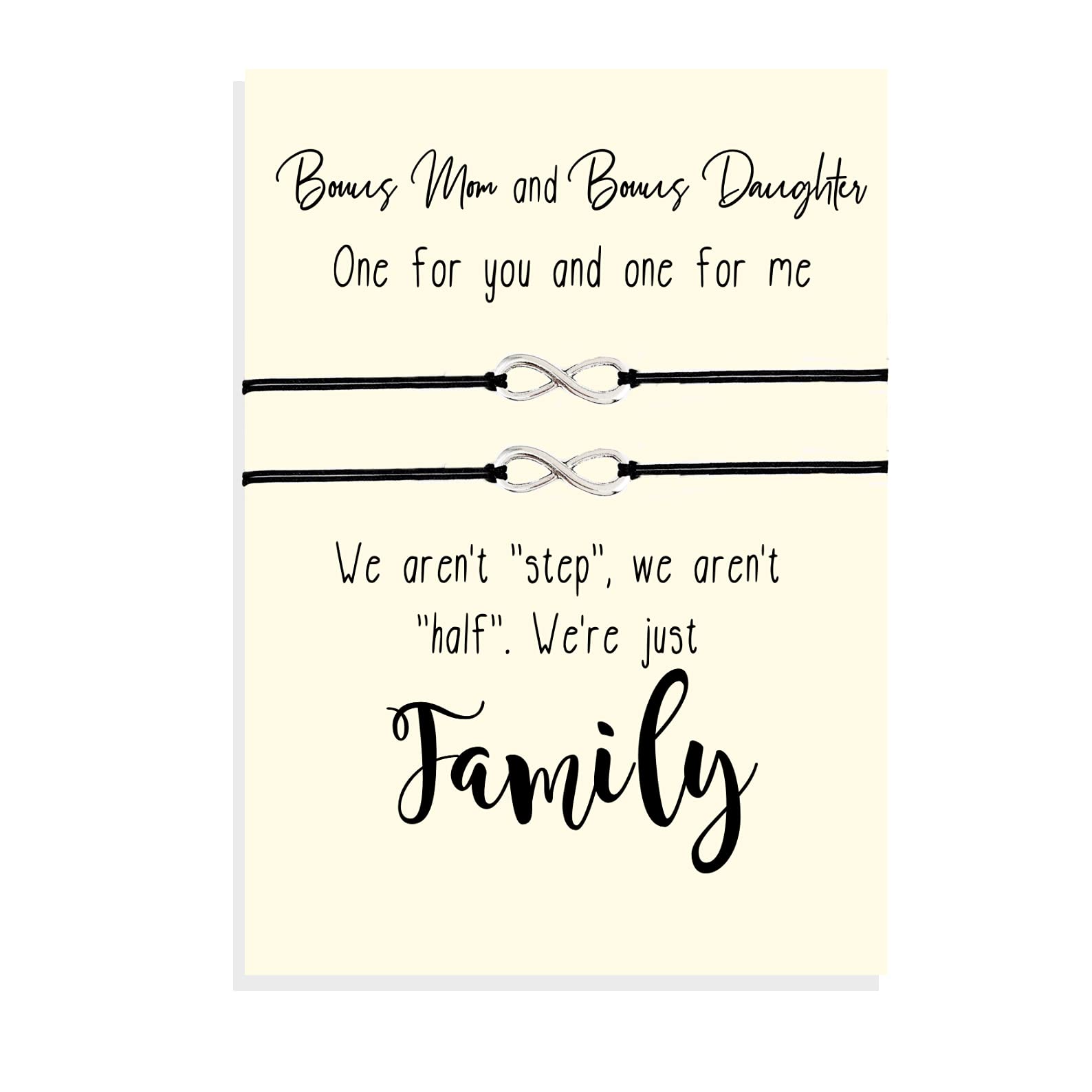 Carrie CloverSet of Two Infinity Charm Bracelets placed on Bonus Mom and Bonus Daughter Card, Foster Mom, Foster Daughter, Step-Mom, Step-Daughter, Mother's Day Gift, Matching Bracelets