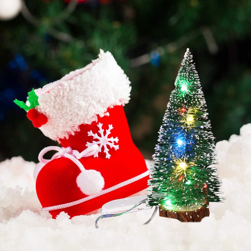 Lot de 2 mini sapins de Noël artificiels avec guirlande lumineuse LED - Décoration de table - Base en bois - Petit sapin pour la maison, le bureau, les vacances d'hiver