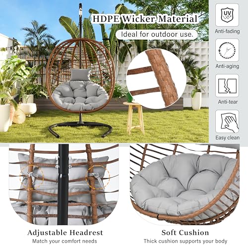 Merax Folding Hanging Egg Chair with Stand, Indoor Outdoor Wicker Hammock Swing Chair with Adjustable Anti-Slip Feet for Balcony, Bedroom, Garden by Merax - Used condition - Image 5