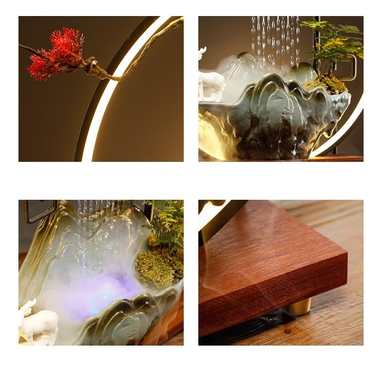 Fuente decorativa de jardín, fuente de agua con cascada, de cerámica, con iluminación LED, función humidificadora, quemador de incienso, Feng Shui Zen, decoración para salón, dormitorio, oficina