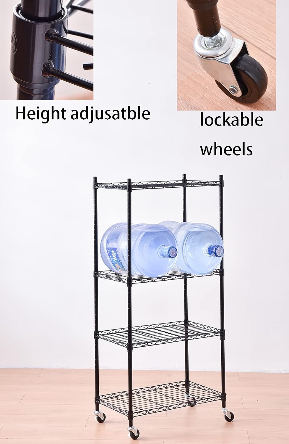 Yin 4-Shelf Metal Shelf Organizer on 4”Wheel Casters -Wire Shelving Certified NSF -Heavy Duty Garage Shelving Wire Rack ,Black (24”L x 14”W x 47”H) : Tools & Home Improvement