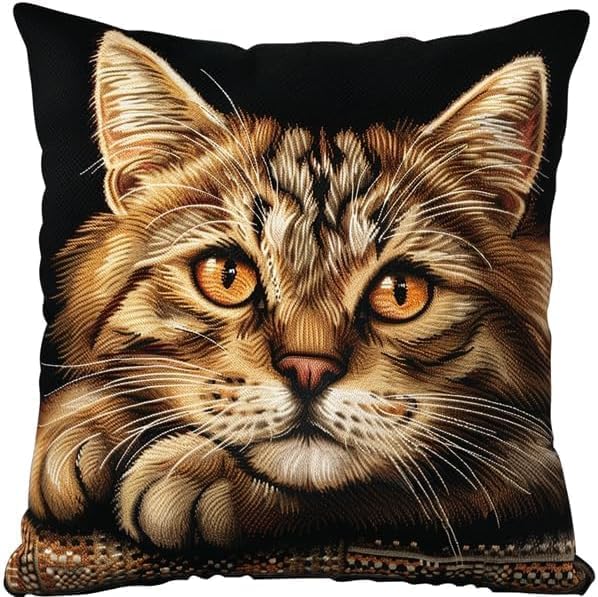 RKFLGEW Latch Hook Pillow Kit for Adults &, Cute Cat DIY Pre-Printed Cross-Stitch Embroidery Canvas Craft, 17X17 Inch Decorative Throw Pillow Cover for Sofa Cushions, Bedroom Decor