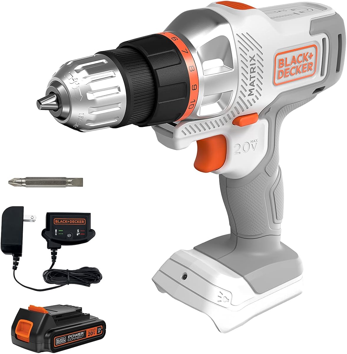 BLACK+DECKER Kit de taladro/destornillador inalámbrico Matrix 20V MAX, blanco (BDCDMT120WC1FF)