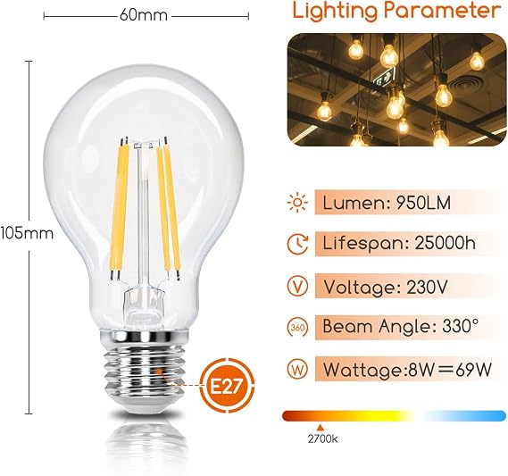 Aigostar - E27 Edison LED Bulb, 8W Equivalent to 69W, Warm White 2700K, 950 Lumens, Decorative Vintage LED Filament Bulb, A60 Filament Bulb, Non-Dimmable, Clear Glass, Pack 6 [Energy Class E]