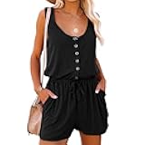 Keenso Women Summer Playsuit, Women Casual Sleeveless Short Playsuit Women Playsuit with Pockets Button Down Solid Color Machine Wash(3XL-Black)