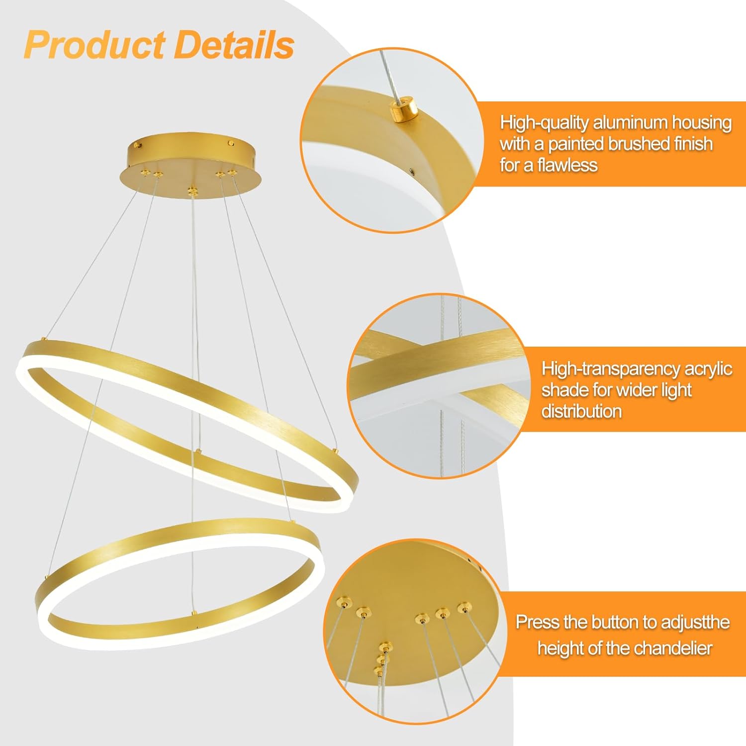 2-Ring Modern Gold LED Chandelier Dimmable Pendant Light with Remote Control Flush Mount High Ceiling Circle Light Fixture for Dining Bed Living Room Foyer 3000K-6500K