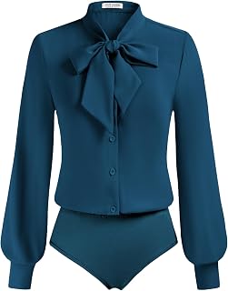Kate Kasin Women Bow Tie Neck Blouse, Button Down Long Sleeve Bodysuits Top | Office Interview Attire, Collared Body Suits Shirt, Business Casual Outfits Fall Winter