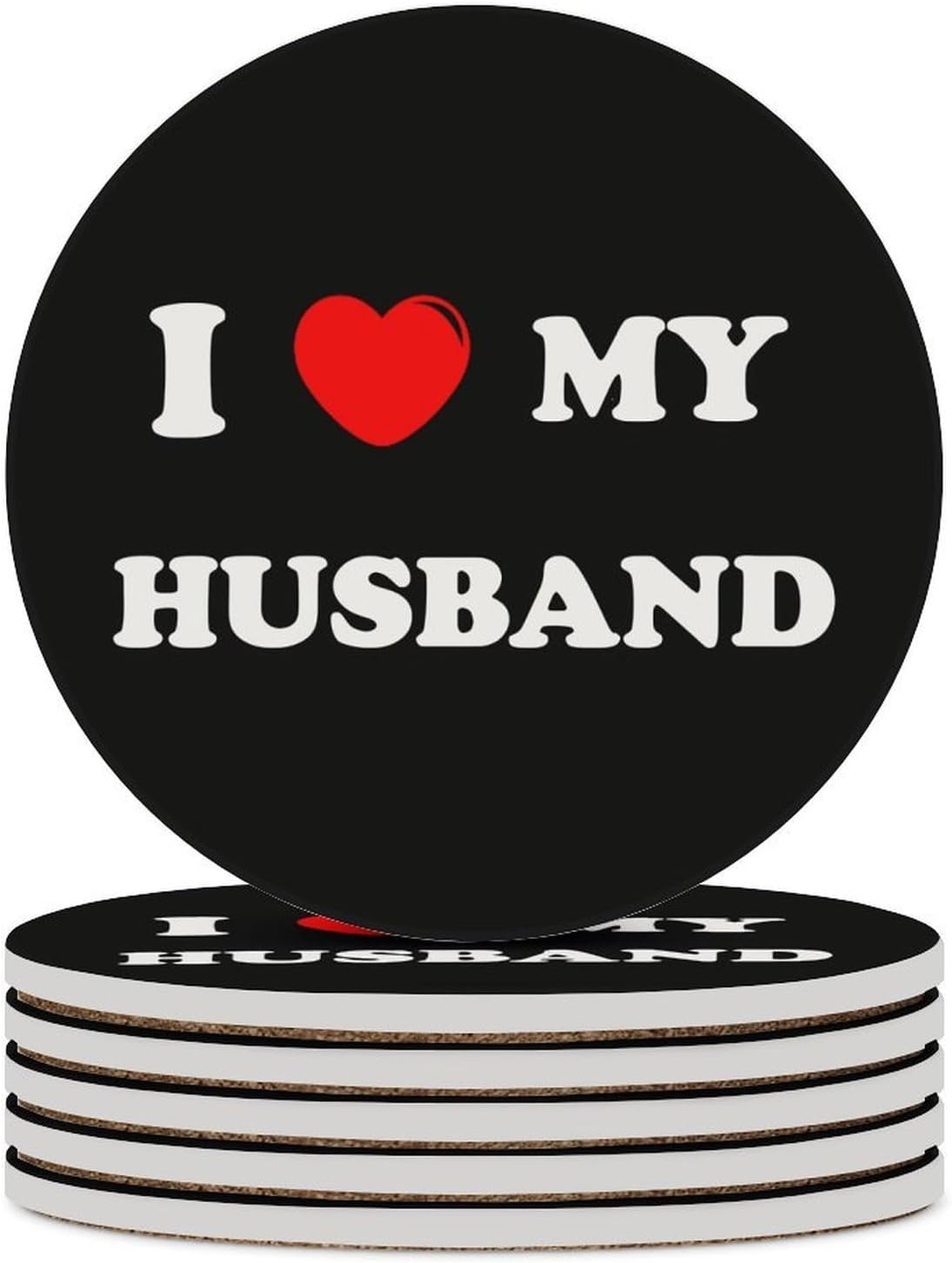 I Love My Husband Round Ceramic Coasters Print Drinks Absorbent with Cork Base for Home Decor Gifts 4 Inch