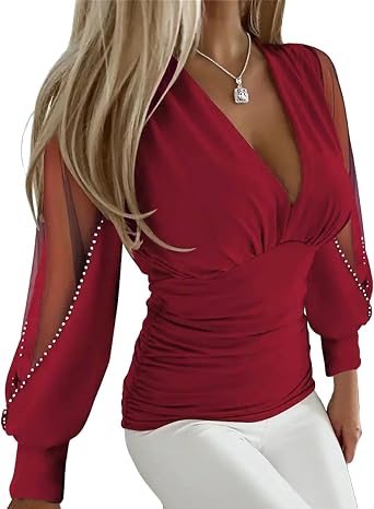 Women Sexy Tops 2024 Long Lantern Sleeve Date Night Outfits Deep V Neck Lace Sequin Slim Fit Shirt Blouse