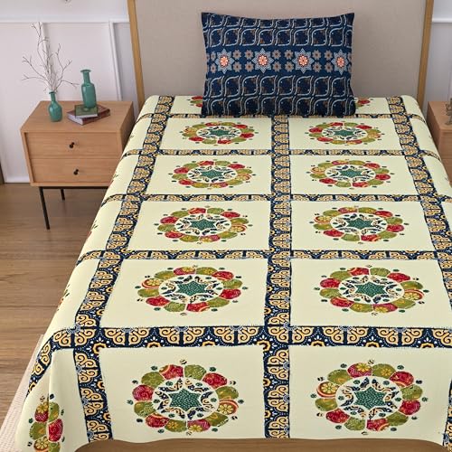 Image of 100% Cotton Single Bedsheet with 1 Pillow Cover | 240 TC Pure Cotton Flat Bed Sheet | Traditional Jaipuri Printed Bedding Set | Soft & Breathable | 60 x 90 Inch (Rangmahal Single 68)