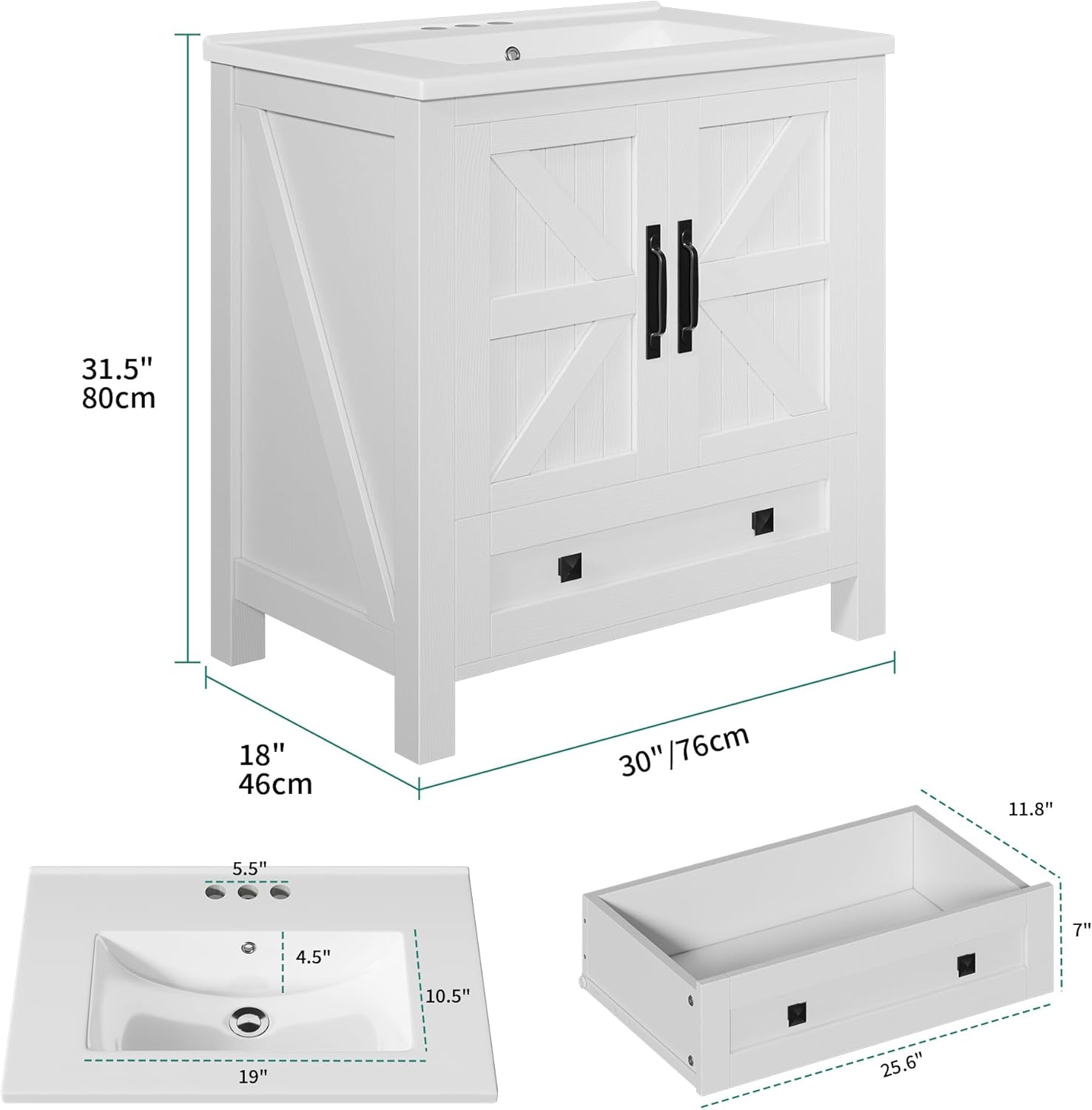 YITAHOME 30 Inch Farmhouse Bathroom Vanity with Sink, Small Space Bathroom Storage Cabinet with Large Drawer, 2 Wood Barn Doors with Built-in Door Racks