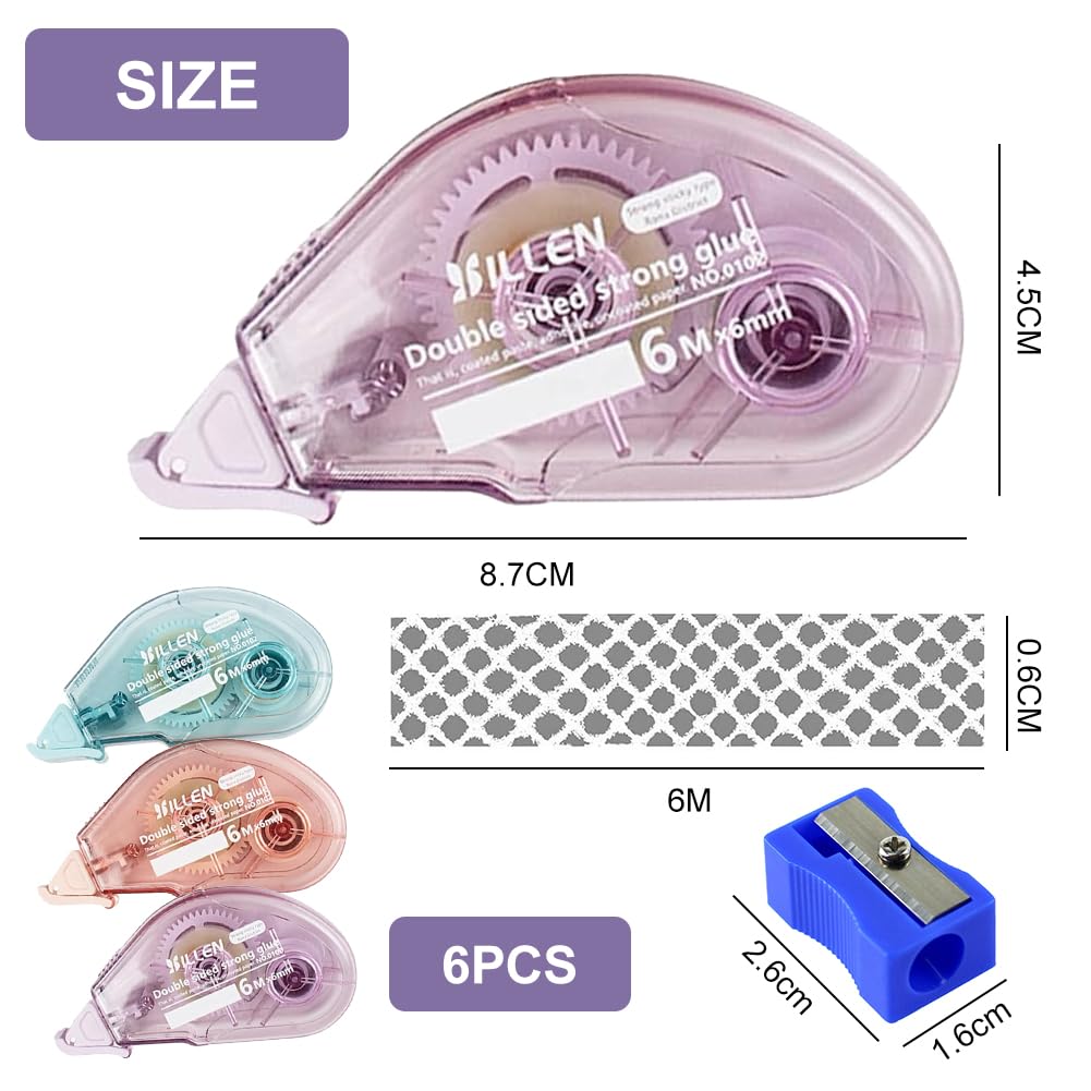 Set 6 Nastri Biadesivi Roller – Colla Trasparente 6m X 6mm Per Scrapbooking, Biglietti E Foto – Senza Solventi, Tappo Protettivo, Colori Rosa Viola Blu