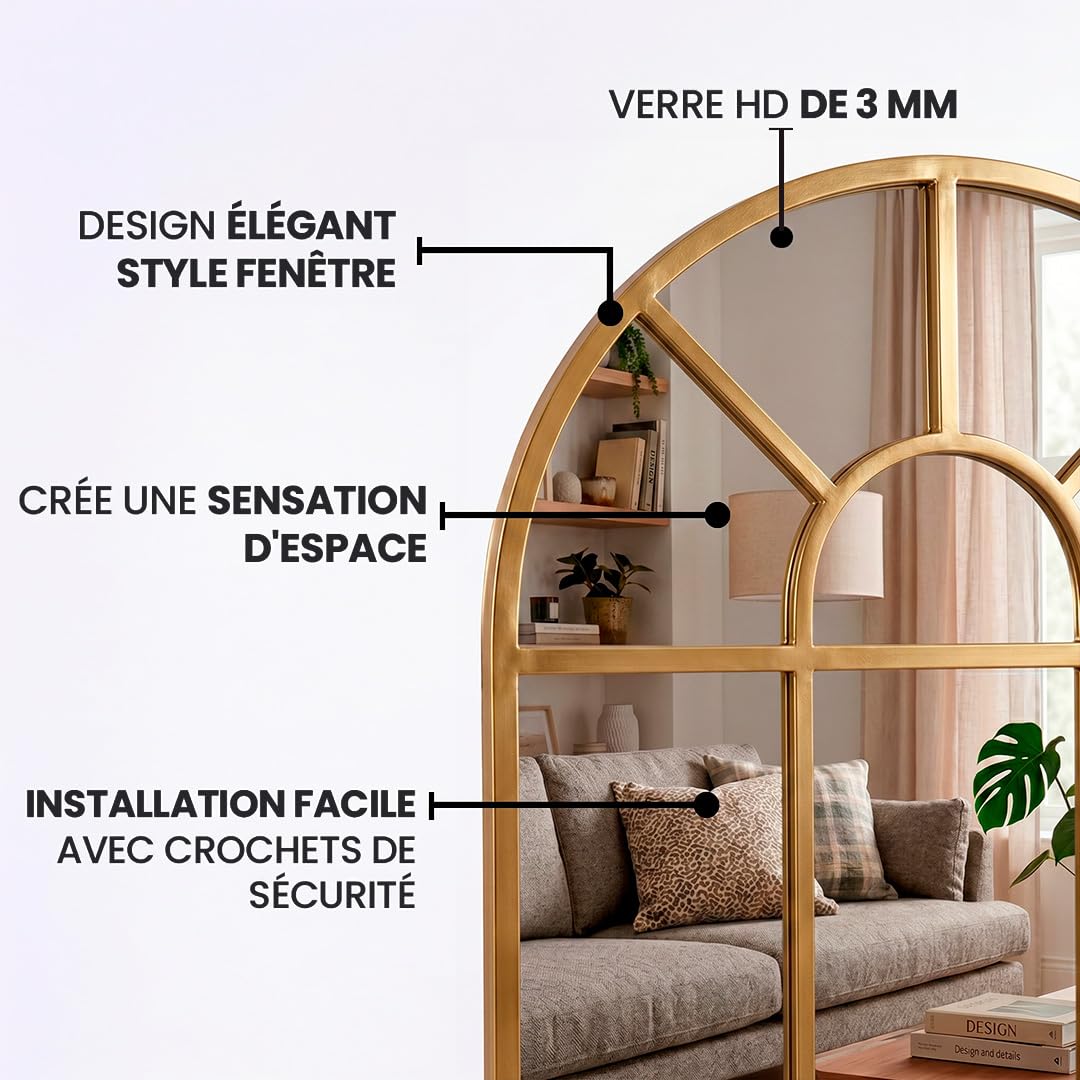 Marctani Miroir fenetre en Arche de Métal - Grand Miroir Industriel Mural pour Entrée, Salon et Chambre