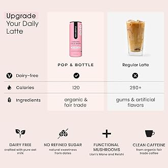 Pop & Bottle, Oat Milk Lattes - Cold Brew with Lions Mane & Reishi, MCT Oil, Single Shot Cold Brew, Mushrooms, Organic, Dairy Free, Gluten Free, Great as Iced Coffee, Lightly Sweetened with Dates - Caramel, 8 Fl Oz (12 Pack)