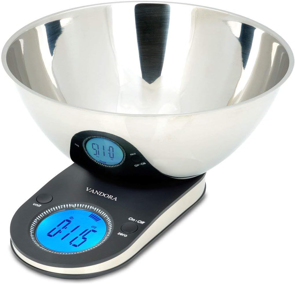 MIRA Brands Digital Kitchen Scale with Stainless Steel Bowl, 9.65-Inch, Black