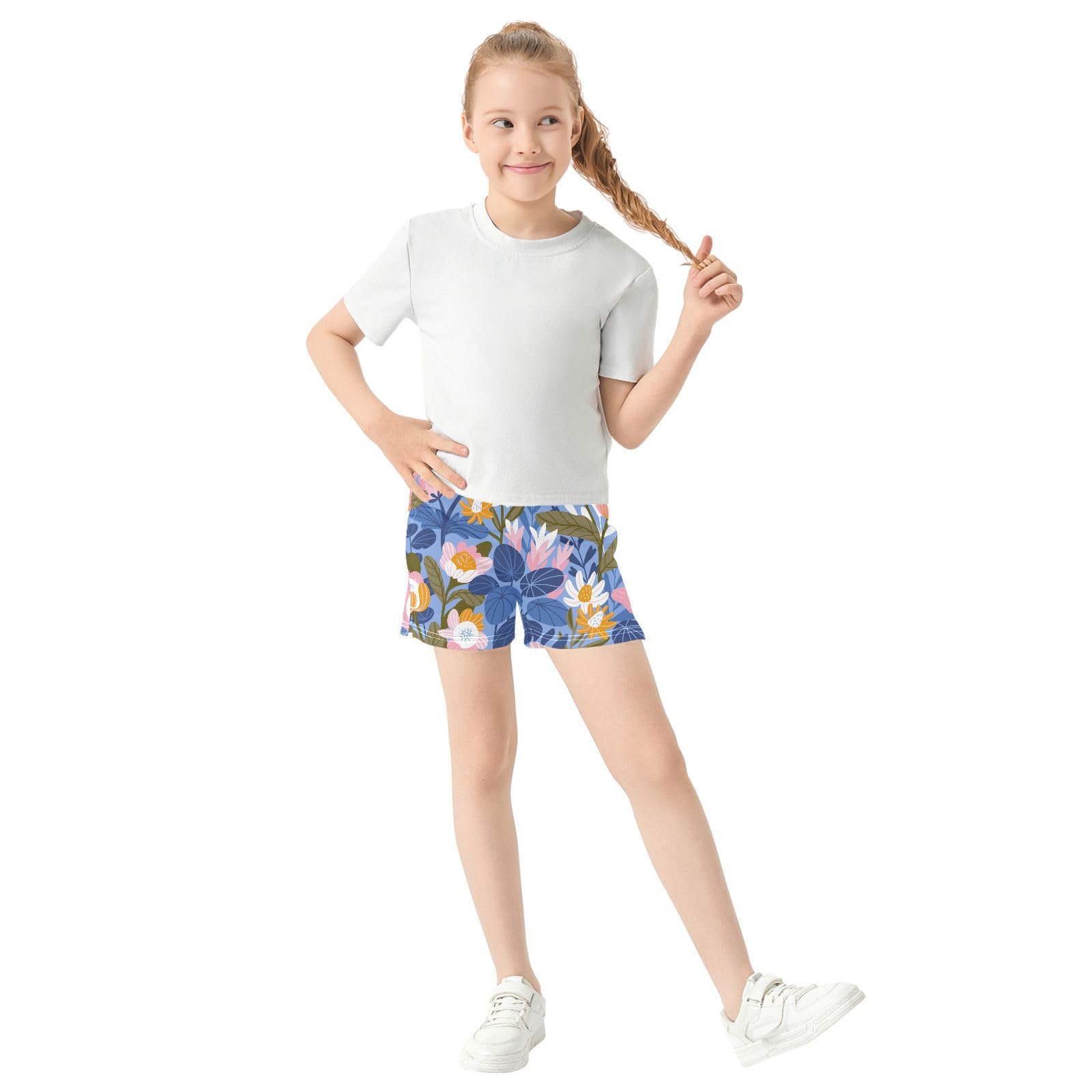 pnyoin Girl's Shorts Summer Flowers Athletic Running Shorts with Pockets Size 9-10t Multi