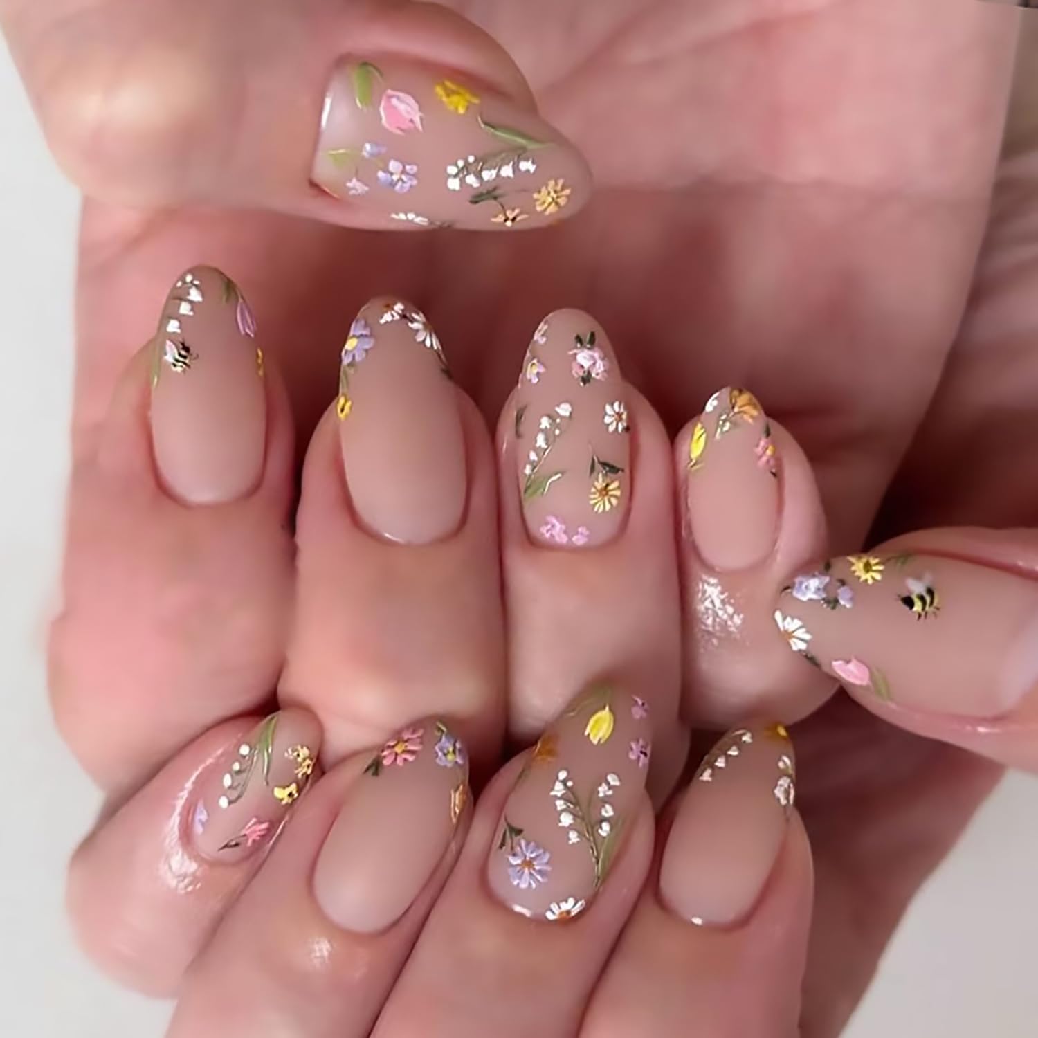 Tyuimhx Press on Nails - Floral Medium Almond Acrylic