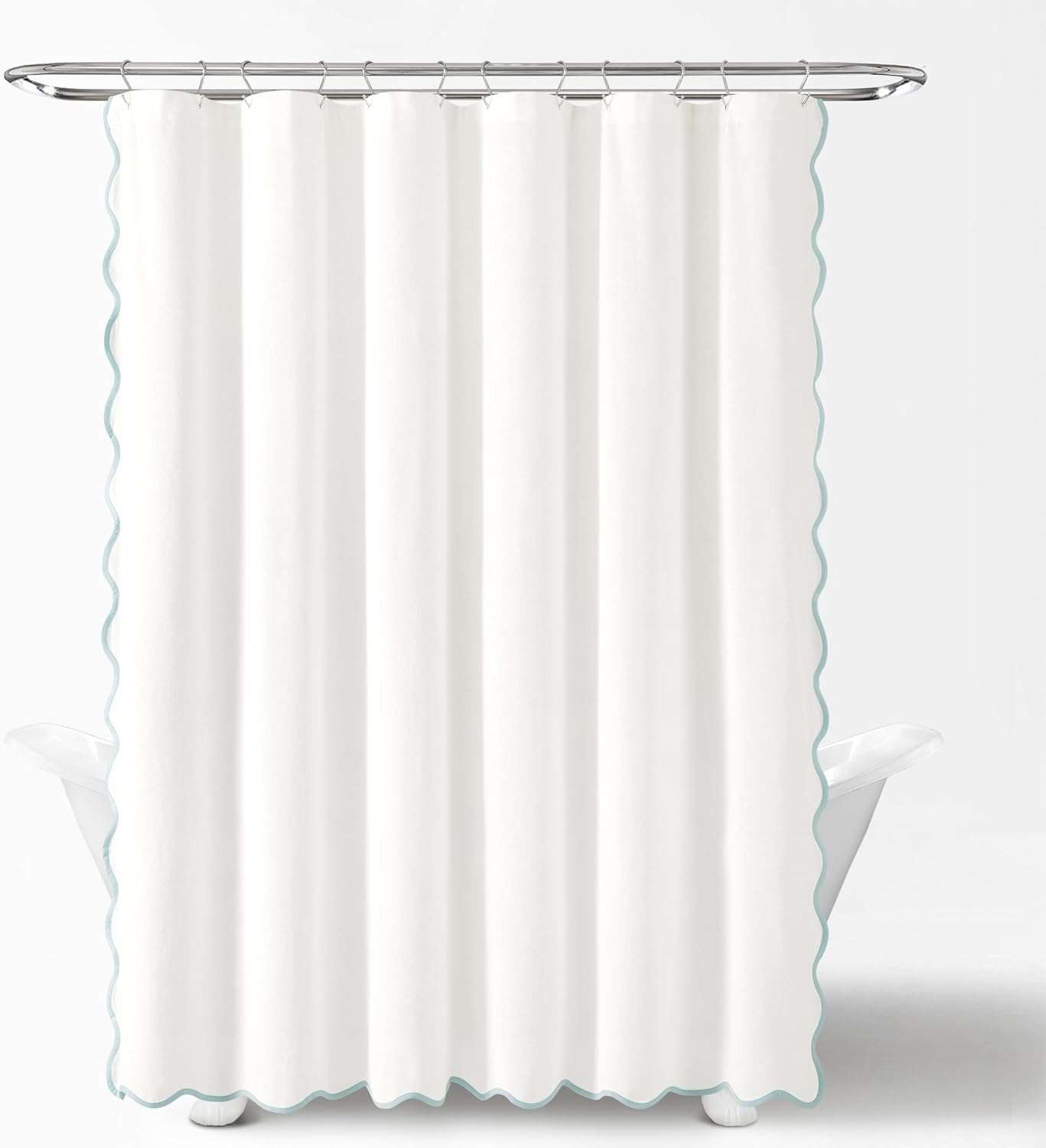 Lush Decor Coastal Chic Scallop Edge Linen-Textured Shower Curtain, Single 72" W x 72" L, Blue & White - Scalloped Shower Curtains - Coastal Bathroom Curtain
