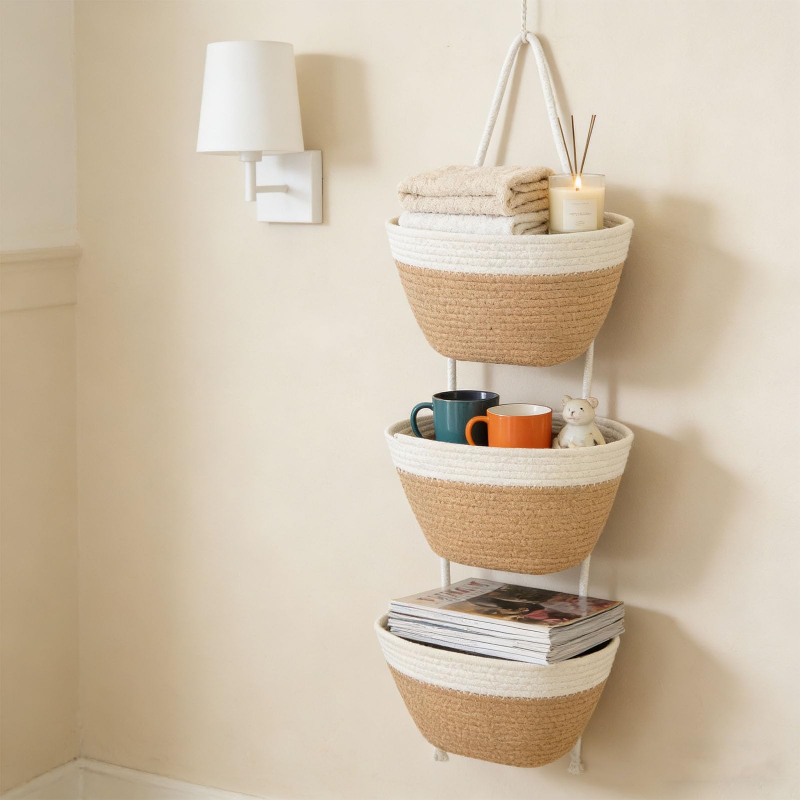 3 Tier Cestino Appeso, Organizzatore da Parete con Corde in Cotone Morbido Rimovibile con 3 Cestini Indipendenti, per Soggiorno Camera da Letto Ripostiglio (Cachi bianco)
