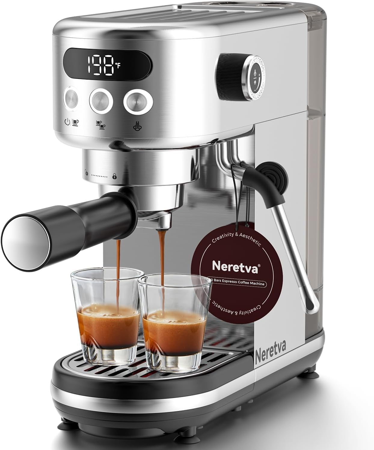 Neretva Macchina da caffè con filtro 20 bar, piccola macchina per espresso in acciaio inox, portafiltro professionale, con display a LED e montalatte forte, per barista, espresso, latte e