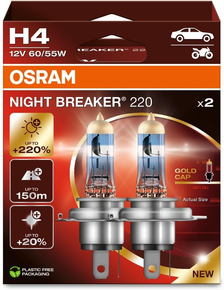 Osram H4 Night Braker 220 Ampul, 12V,%220 Fazla Işık, 2'li Paket