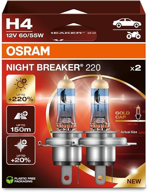 OSRAM NIGHT BREAKER 220, H4, 220% más brillo, lámpara de faro halógeno, 64193NB220-2HB, Caja plegable (2 lámparas)