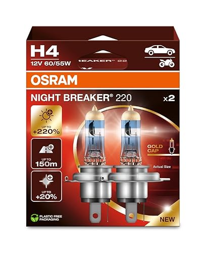 OSRAM NIGHT BREAKER 220, H4, 220% más brillante Lámpara de faro halógena, 64193NB220-2HB, Caja plegable (2 lámparas)