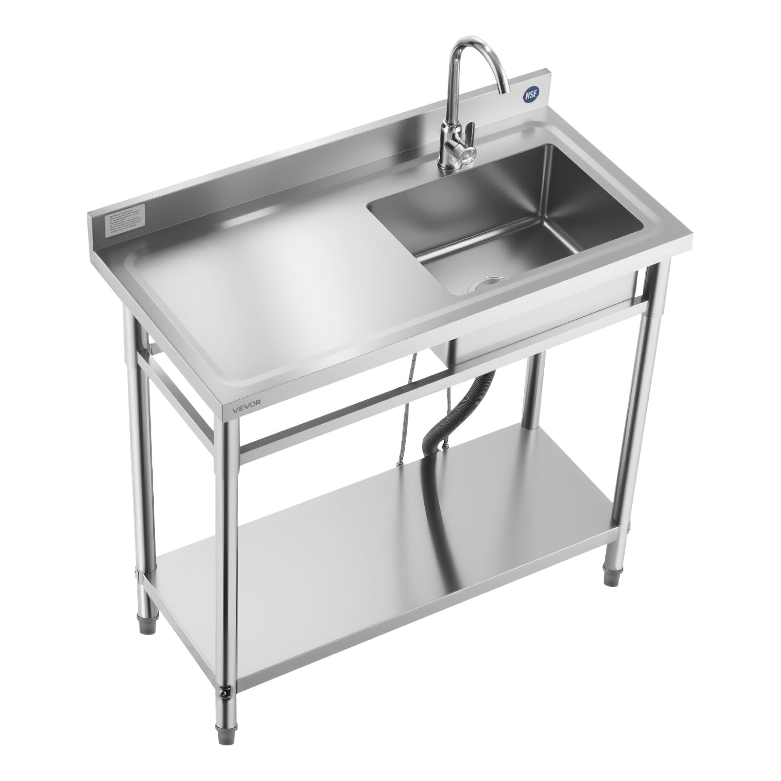 VEVOR Lavello in Acciaio Inox 100 x 50 x 94 cm, Vasca Singola con Rubinetto e Ripiano, Lavello da Cucina per Garage, Ristorante, Lavanderia, Lavabo da Esterno con Piano di Lavoro Sinistra