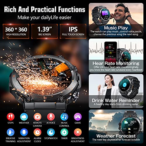 Smart Watches For Men,1.39” Military Grade Waterproof Fitness Watches With Bluetooth(Answer/Make Call) ,Smartwatch For Android And Iphone Compatible, With Heart Rate, Blood Pressure, Body Temperature #TOP5