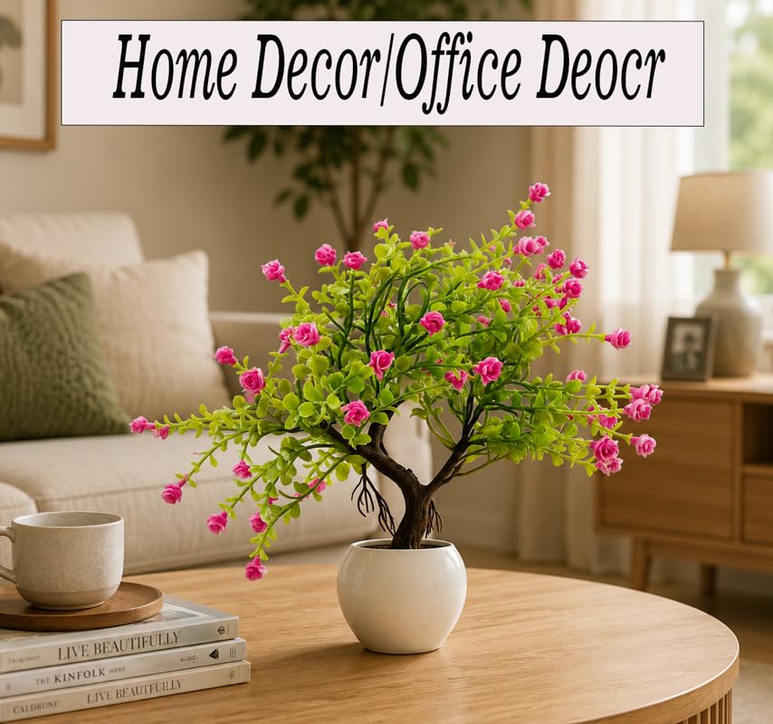 Image of Artificial Pink Flower Bonsai Plant In White Pot , Faux Plant For Home Decoration , Living Room Decoration , Indoor Plant , Flower Pot For Garden , Tabletop Decor , Gift Item , Indoor & Outdoor Decor