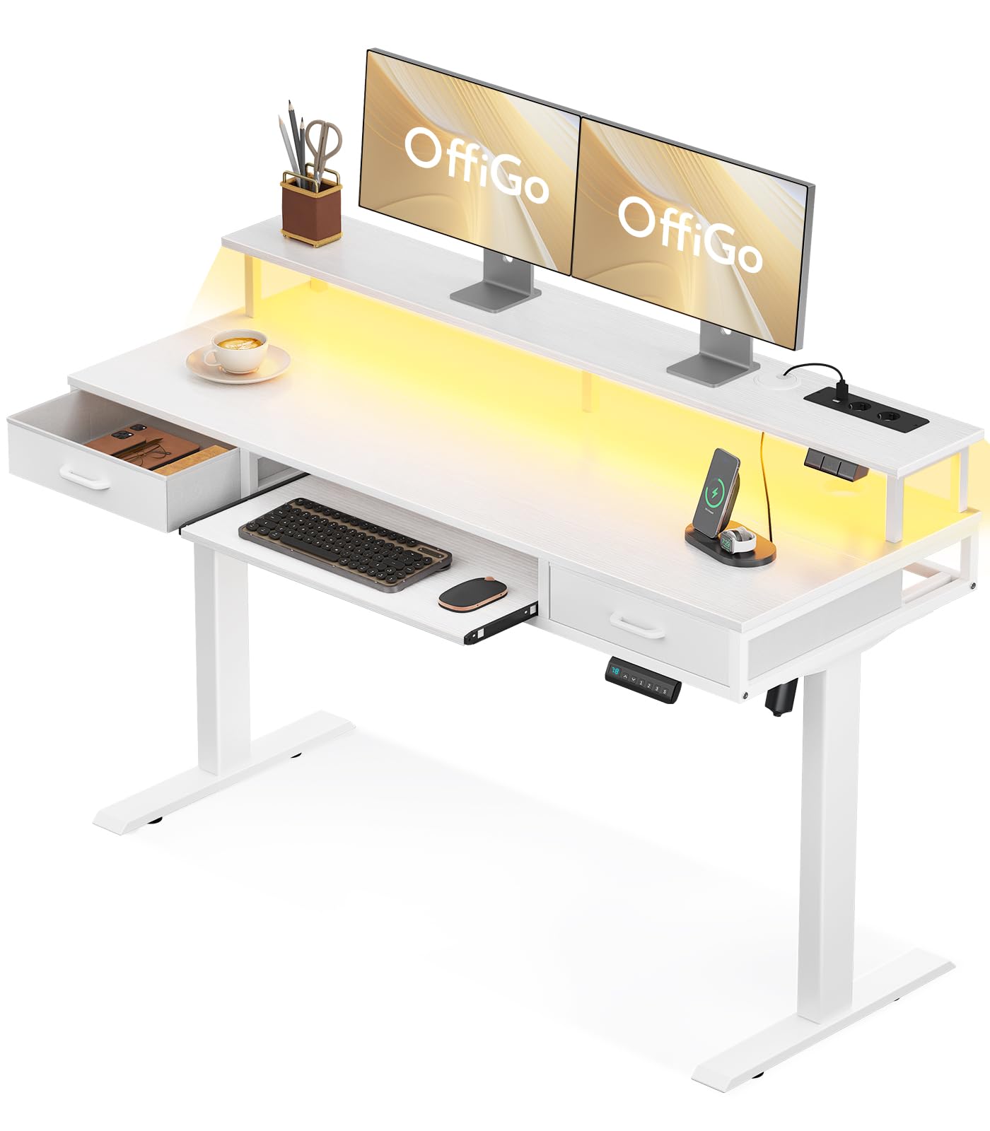 OffiGo Schreibtisch Höhenverstellbar mit Schubladen, 140 cm Elektrischer Schreibtisch mit Tastaturablage, Computertisch mit Monitorständer, Tisch Höhenverstellbar mit Steckdosen und Lichtleiste, Weiß