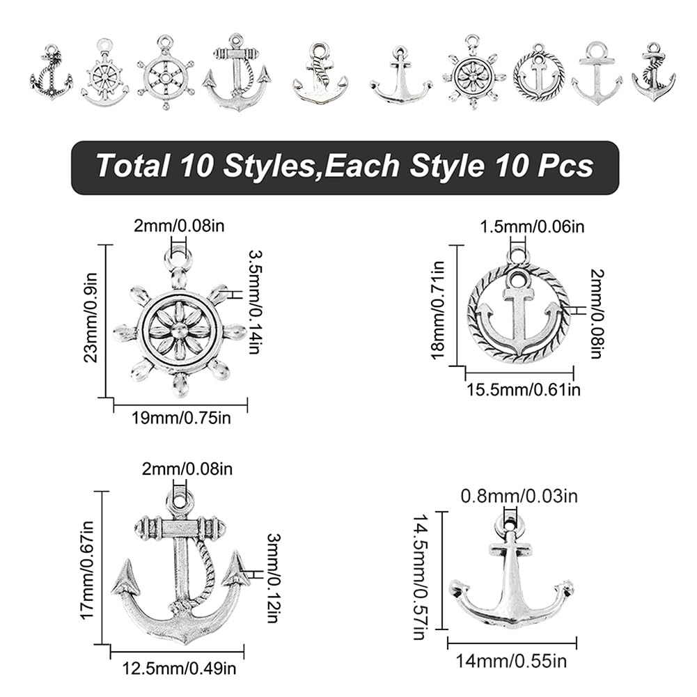 SUNNYCLUE 1 caja de 100 abalorios de Ancla Náutica de Aleación de Estilo Tibetano de 10 estilos, 10 estilos de Aleación de Navegación, Abalorio de Timón, Colgantes de Ancla Marinero para Hacer Joyas,
