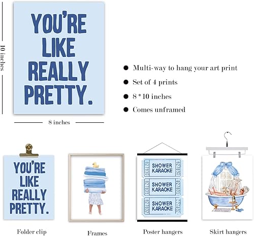 Miniatura 5 de VIIJJUE Decoración de Pared de Baño Azul, Conjunto de 4 Impresiones de Arte de Pared de Karaoke de Ducha Retro Azul para Niñas Preppy, Carteles de