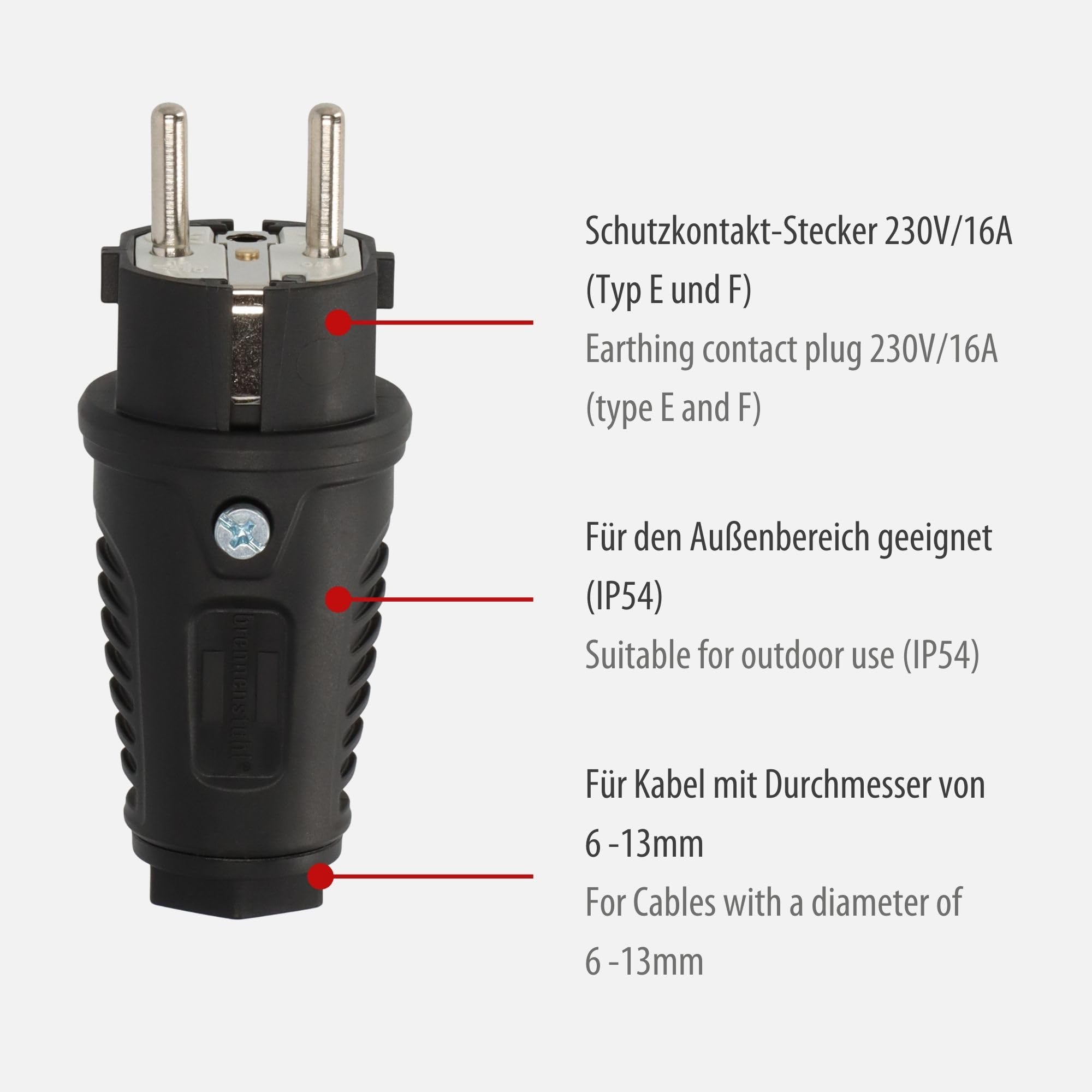 Brennenstuhl Enchufe de goma con contacto de puesta a tierra 230V/16A (IP54, apto para uso en exteriores, buena para conectar un cable alargador o para reparar un cable dañado)