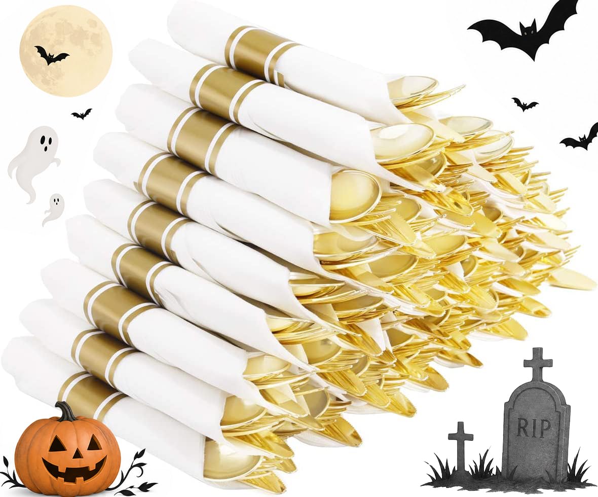 Supernal 60pack Pre Rolled Gold Plastic Silverware Set with Napkins