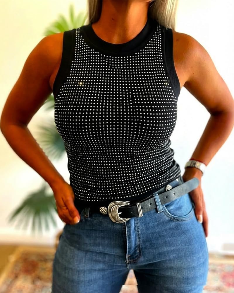 CHICME Women’s Rhinestone Mock Neck Sleeveless Knit Tank Top Slim Fit Sparkly Halter for Party Vacation Summer - Image 3