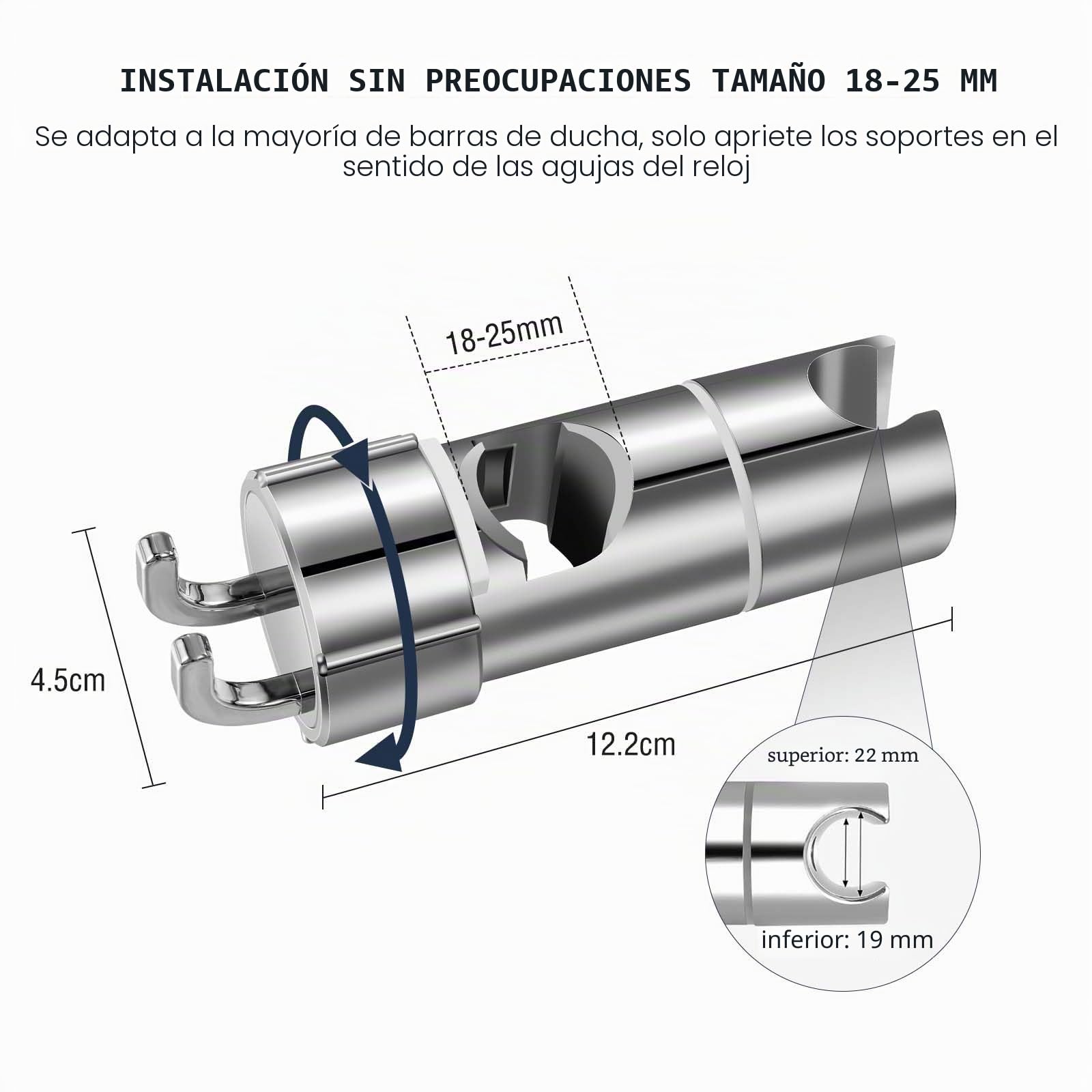 Vinabo Universal Soporte Ducha con 2 Ganchos, Soporte de Ducha, sin perforación, 18-25 mm, diámetro Ajustable, Espaciador Integrado para Proteger la Barra de Ducha