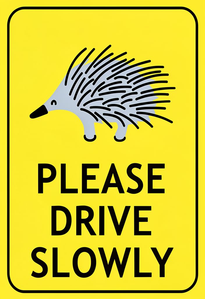 peiyeety Please Drive Slowly Tin Sign 12x8 Inch, Funny Porcupine Caution Metal Sign, Yellow Black Rustic Wall Decor for Home, Garage, Farm, Nursery, Driveway, Gift Idea