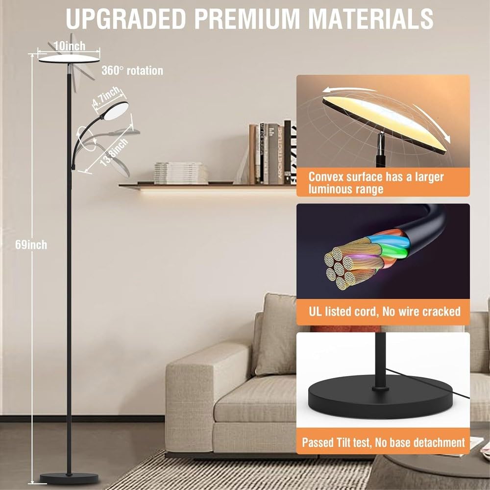 wonderlamp Lámpara de pie LED Brenan CCT Dim (30+6W). Luz regulable, control táctil