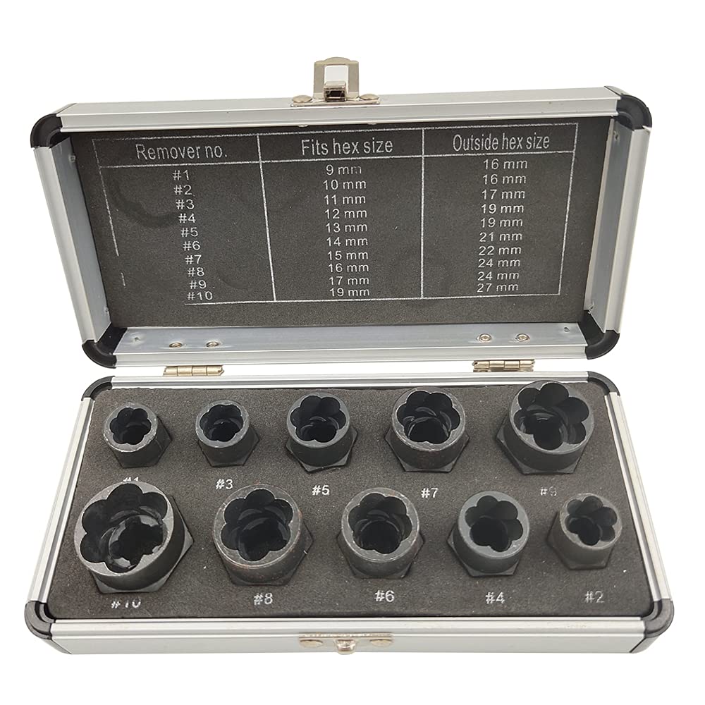 PANOVOS 10Pcs Bolt Extractor Damaged Nut Remover Set,Broken Screw Nut Bolt Extractor Kit Stud Extractor Locking Socket Tools Kit,Drive Socket with Storage Case 9-19mm