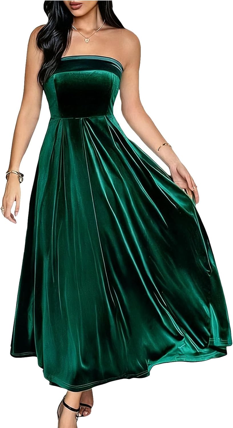 2025 Women Strapless Velvet Evening Gown Off Shoulder Pleated Swing Dresses Wedding Bridesmaid Maxi Long Dress