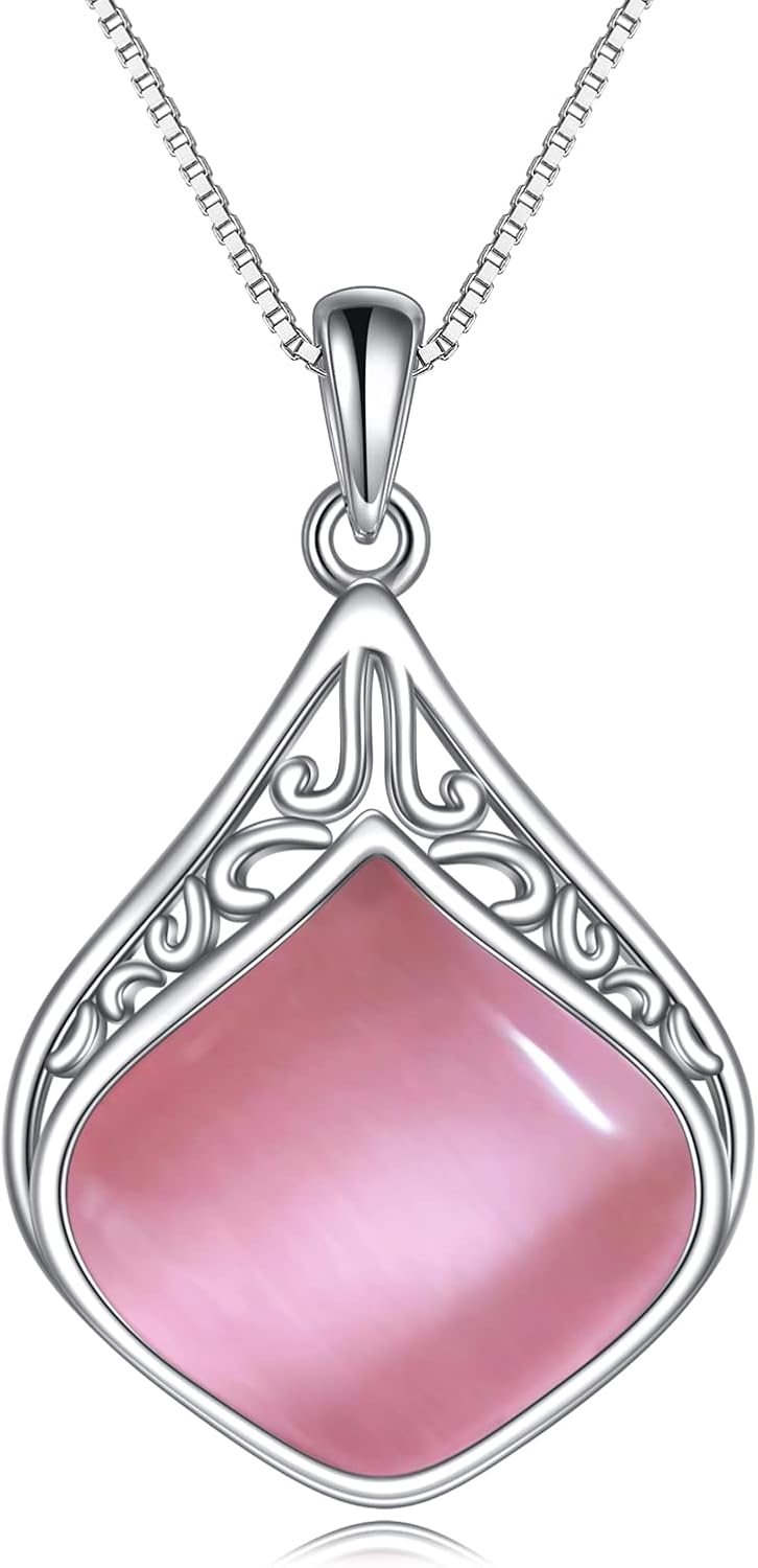 YAFEINI Teardrop Necklace Sterling Silver Filigree Irish Pendant Necklace Natural Stone Moonstone/Lapis Lazuli/Larimar/Moss Agate Necklace Jewelry