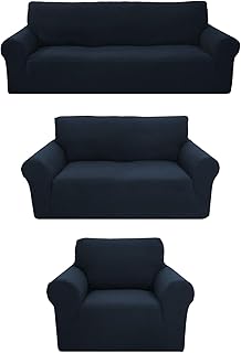 Sapphire Home 3-Piece Brushed Premium SlipCover Set for Sofa Loveseat Couch Arm Chair,Form fit Stretch,Wrinkle Free,Furniture Protector set for 3/2/1 Cushion,Polyester Spandex, 3pc, Brushed, Dark Blue