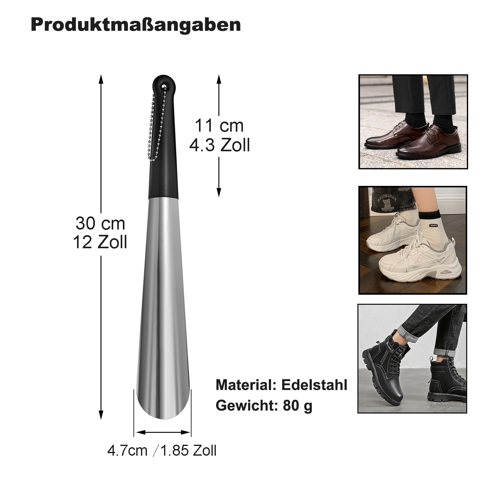 Schuhlöffel Lang Metall 30 cm,Schuhanzieher Lang Edelstahl für Senioren, Männer, Frauen, Kinder，Bequemer Griff mit Gummiauflage