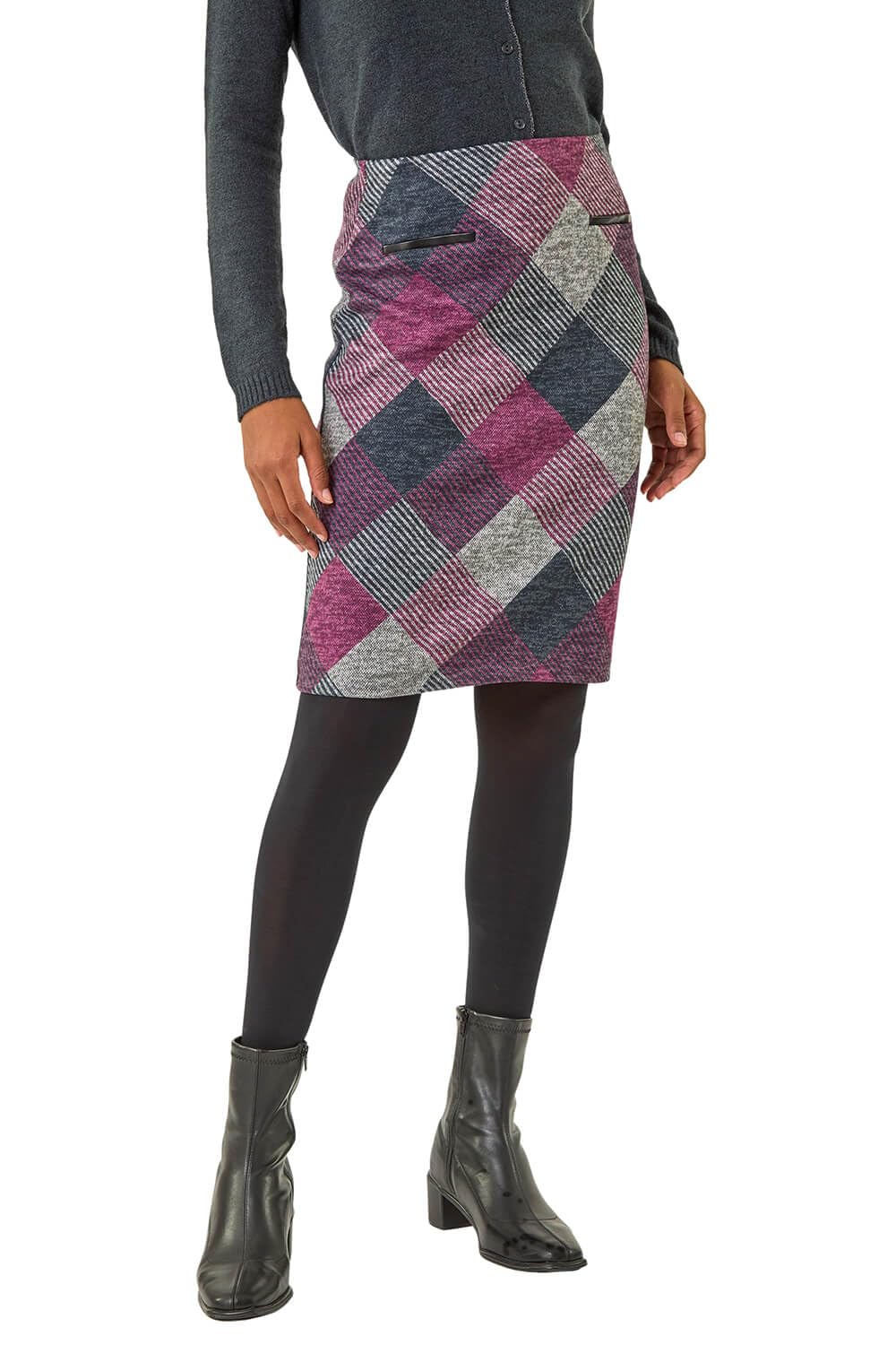 Roman Women's Pink Check Print Pocket Stretch A Line Skirt In Size 20